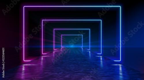 Neon corridor stretching to the horizon, clear night sky without clouds, reflection of light on the wet surface of the road. The road to the horizon. Futuristic portals. Vector. EPS 10