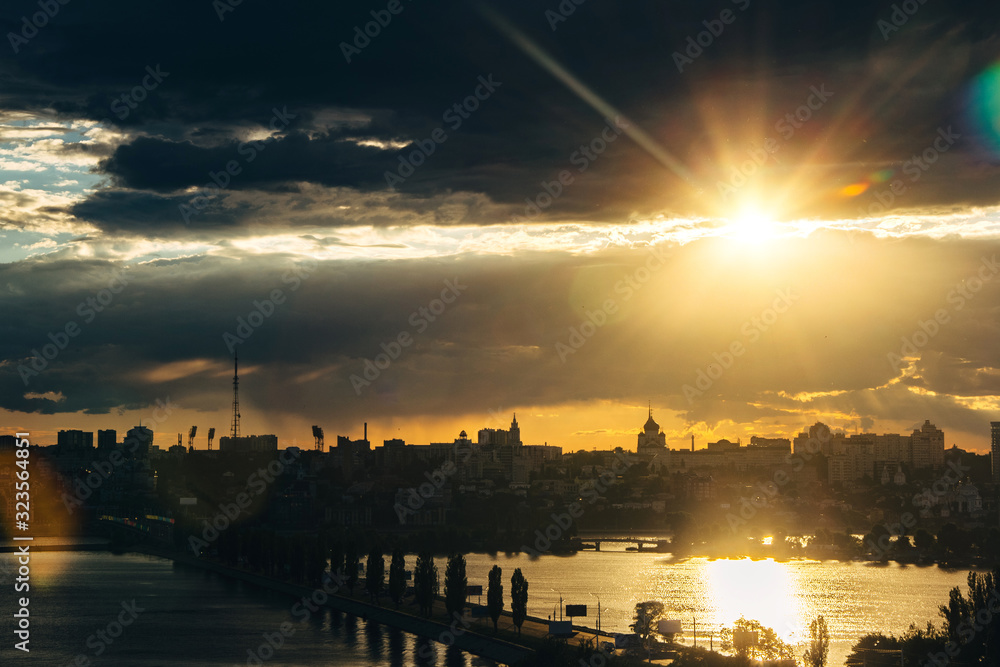 Evening Voronezh. Clouds, sunset, Chernavsky bridge, Voronezh water reservoir, aerial view