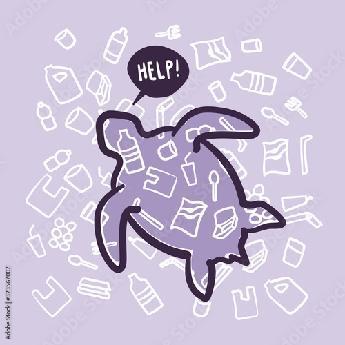 Stop ocean plastic pollution. Turtle composed of white plastic waste bag, bottle. Ecological campaign.