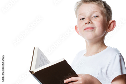 little boy reading book, isolated background