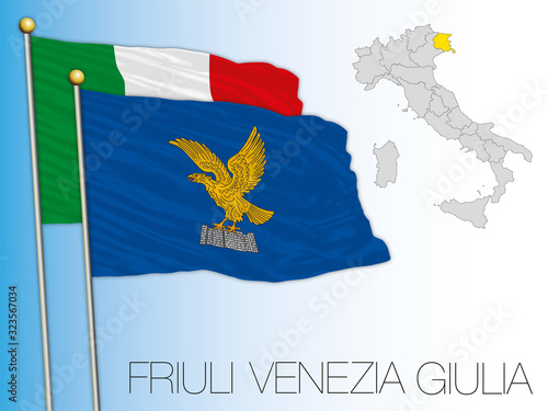 Friuli Venezia Giulia official regional flag and map, European Union, Italy, vector illustration