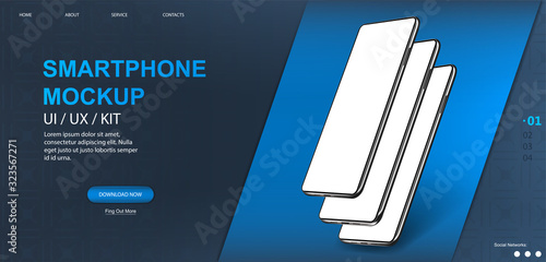 Three mockups of smartphones with blank screens in perspective. Web page template for presentation UI, UX, GUI. 3D realistic mobile phones with blank display. Smartphone generic device. Vector