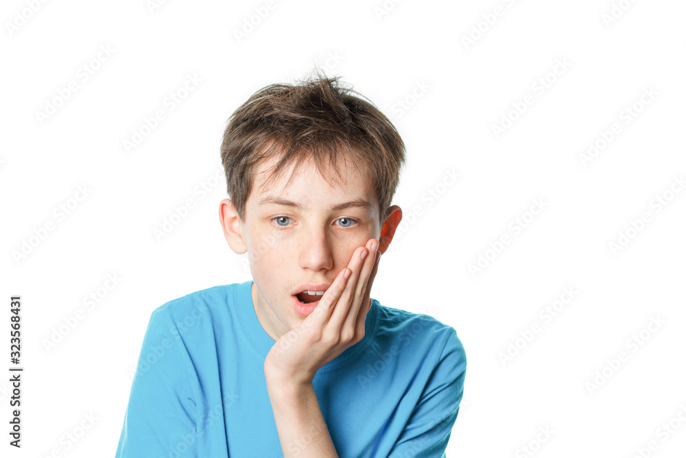 surprised boy holding his head white background surprised boy holding his head white background