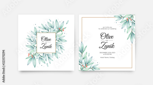 Leaves watercolor on wedding card template