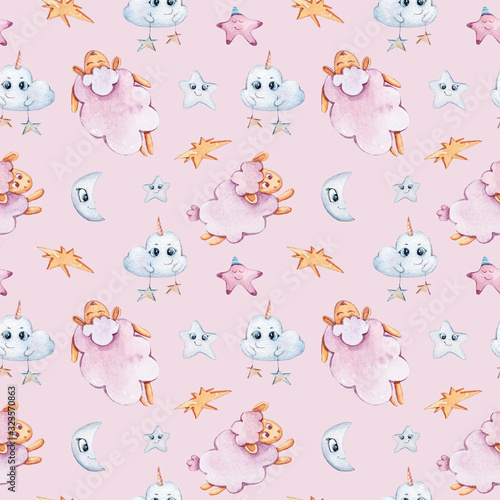 Watercolor hand painted seamless pattern. Unicorns-clouds, stars, sheep on white background. Perfect for scrapbooking paper, textile design, fabric, wallpaper, wrapping paper, wedding decoration	