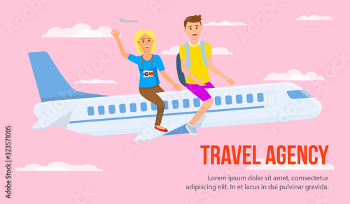 Man and Woman Sitting on Airplane Vector Banner. Travel Agency Horizontal Poster with Copyspace. Couple Going on Holiday, Honeymoon Flat Illustration. Friends, Male and Female Cartoon Characters