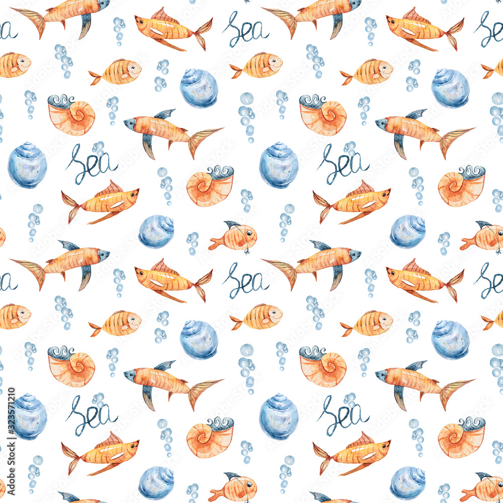 Watercolor hand painted nautical seamless pattern with fish, seashells. Can be used for scrapbooking paper, design wrapping paper, packaging, travel decoration, background