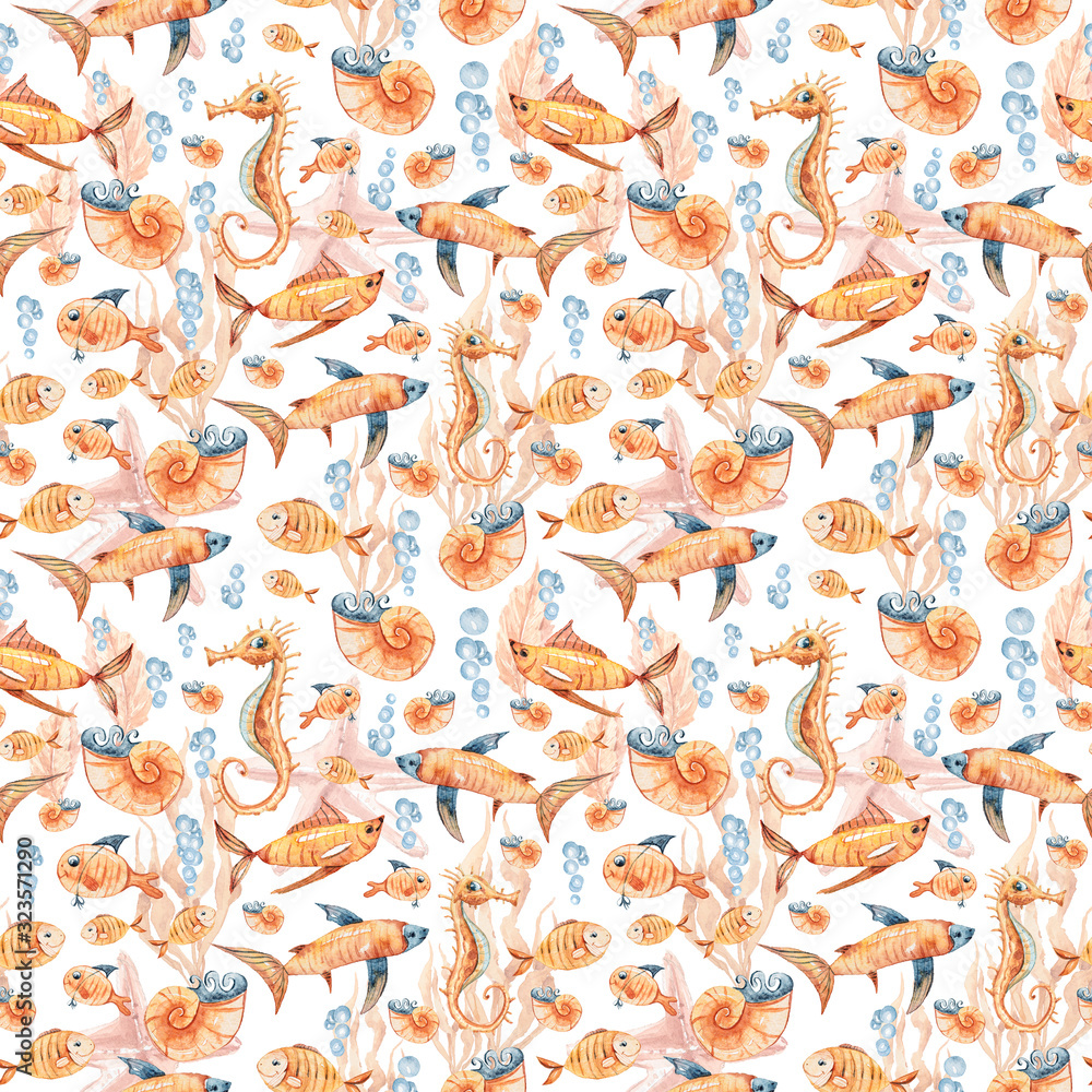 Watercolor hand painted nautical seamless pattern. Can be used for scrapbooking paper, design wrapping paper, packaging, travel decoration, background Watercolor hand painted nautical seamless pattern. Can be used for scrapbooking paper, design wrapping paper, packaging, travel decoration, background
