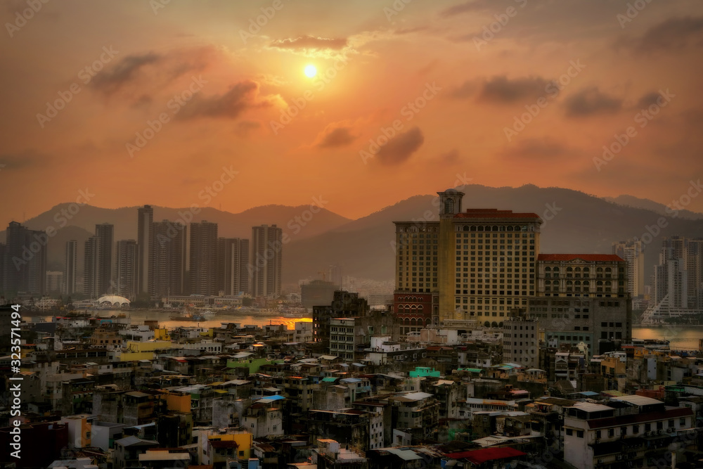   Macau (Macao), China. City skyline at sunset.        