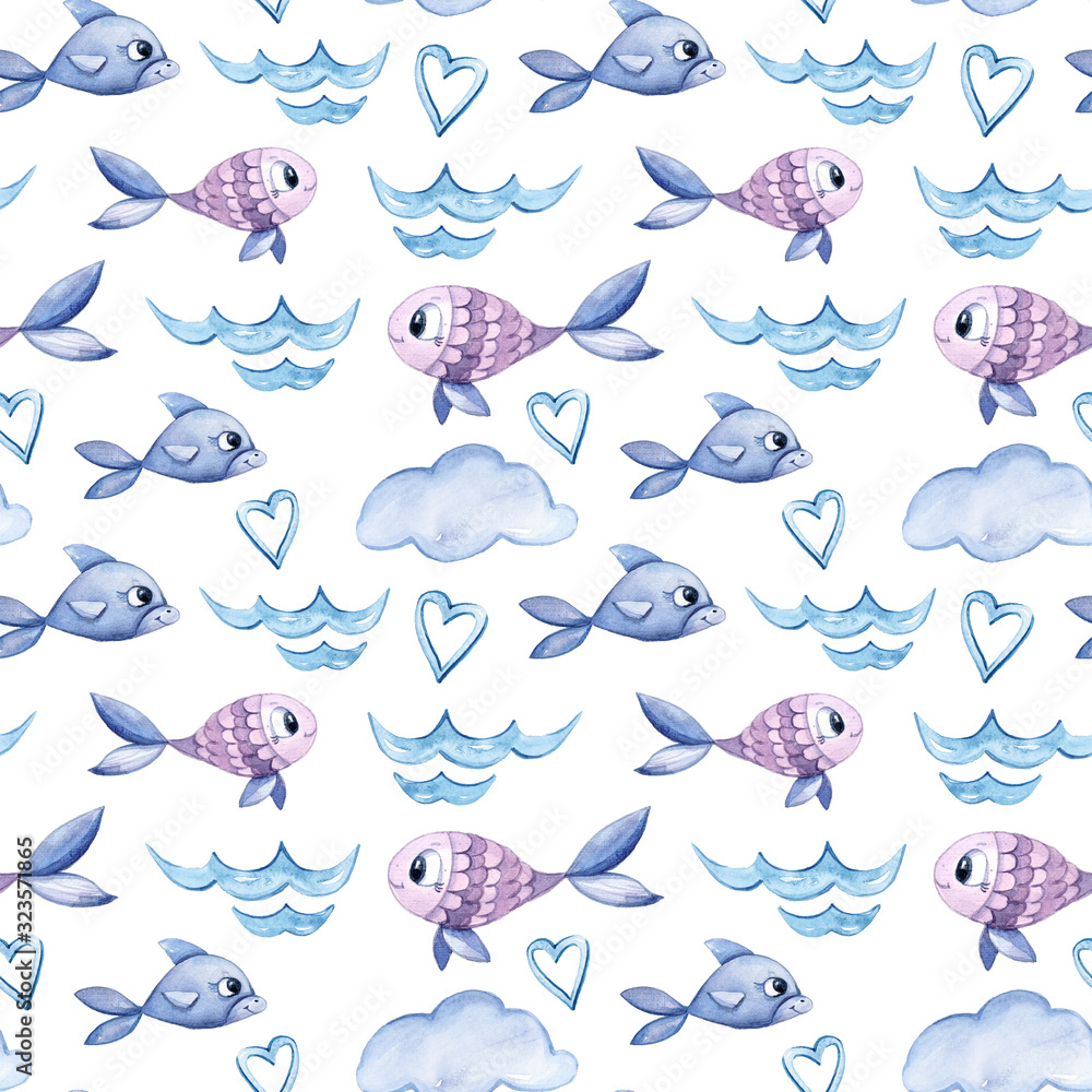 Watercolor hand painted kids seamless pattern. Blue cute fish. Can be used for scrapbooking paper, design wrapping paper, packaging, fabric, background Watercolor hand painted kids seamless pattern. Blue cute fish. Can be used for scrapbooking paper, design wrapping paper, packaging, fabric, background