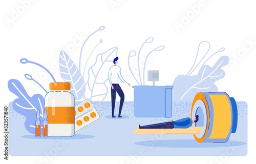 MRI Scan Human Health in Modern Medical Laboratory. Man Lies in Diagnostic Machine. Consultant, Doctor Controls Process on Computer Monitor. Illustration with Medicines in Jar and Ampoules