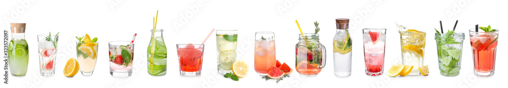 Different tasty lemonades on white background - obrazy, fototapety, plakaty 