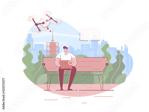 Prompt Poster Drone Surveillance and Control. Space Tourism is Gaining in Popularity Flat. Man Sits on Bench in Street with Laptop, Drone Flies Nearby Cartoon. Vector Illustration.