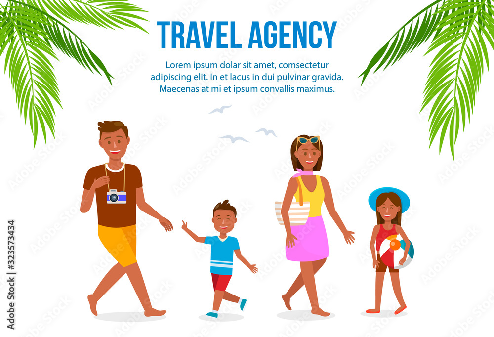 Travel Agency Color Banner Layout with Text Space. Holidaymakers Cartoon Characters Set. Woman, Boy, Girl Isolated Illustrations. Tanned Tourist with Camera. Palm Leaf Design Element
