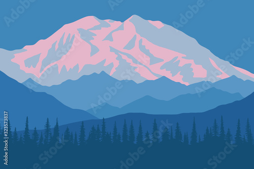 Vector drawing of Denali - McKinley, Alaska. Traveling in the mountains, climbing. Dawn landscape, peak in the sunrise.