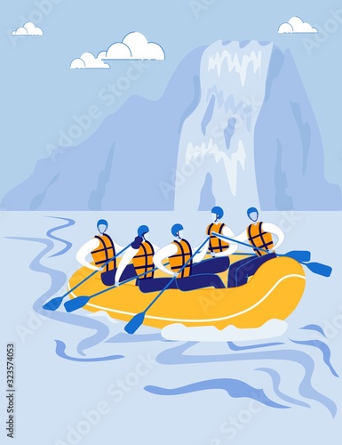 Highlands with River and Waterfall Landscape in Vertical format. Rafting Athletes, Sportsmen Rafting down Mountain River. Teamwork, Overcoming and Extreme Tourism. Flat Cartoon Vector Illustration.