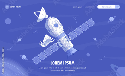 Informative Poster Successful Astronaut Spacewalk. Orbital Stations and Successful Spacewalk by Astronauts. In Center is an Orbital Station, an Astronaut in Spacesuit Flies Nearby.