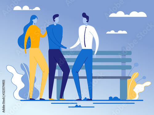 Outdoor Meeting in Park Flat Vector Illustration. Young People Shaking Hands Faceless Cartoon Characters. Job Interview in Informal Atmosphere. Recruiters Welcome New Worker with Handshake