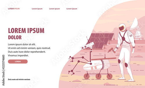 Flyer Repair Space All-terrain Vehicle in Space. Prolonged Stay Human Body Extraterrestrial Conditions. Man Spacesuit Holds Tool for Fixing an All-terrain Vehicle Robot. Vector Illustration.