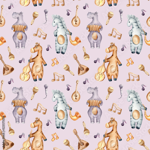 Fototapeta Naklejka Na Ścianę i Meble -  Cute zebra, giraffe, hippopotamus, musical notes. Watercolor hand painted kids seamless pattern. Can be used for scrapbooking paper, design wrapping paper, packaging, fabric, background