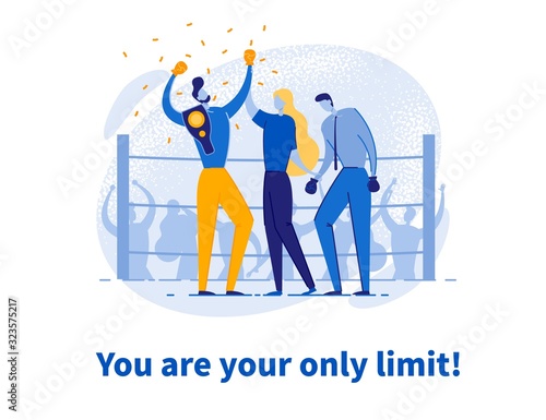 Motivational Quote Lettering. Supplies for Business. Flat Poster Design. Cartoon Businessmen on Boxing Ring. Partners Competition. Winner and Looser Characters. Competitive Game. Vector Illustration