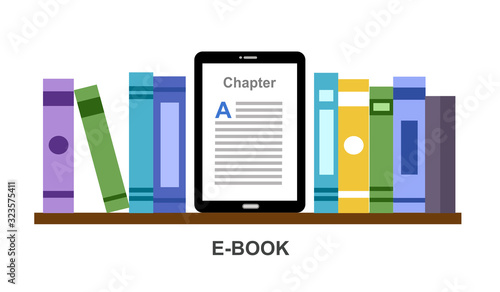 Bookshelf with books and Ebook reader device. Online digital library and Ebook concept vector illustration on white background. Creative flat design template for web banner, landing page.