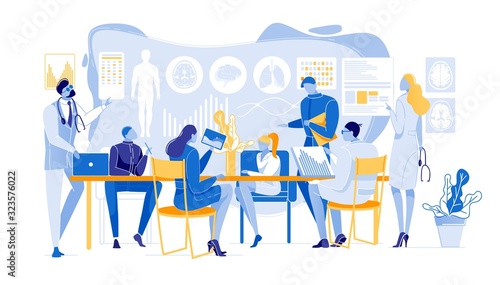 Doctor Delivering Presentation to Team Colleagues Flat Cartoon Vector illustration. Medical Workers in Conference Room. Medical Staff Metting at Table to Discuss Patients Diseases and Illnesses.