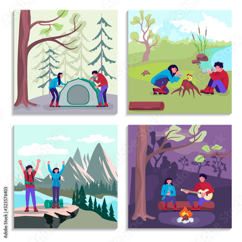 Backpackers hikers travel together