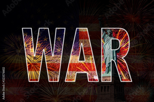 Quadro em tela WAR text masking over Statue of Liberty over the Multicolor Fireworks with the U