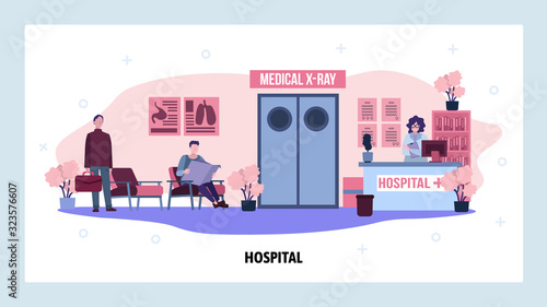 Patients waiting for doctor in front of x-ray room in hospital. Healthcare and medical service. Clinic interior. Vector web site design template. Landing page website concept illustration