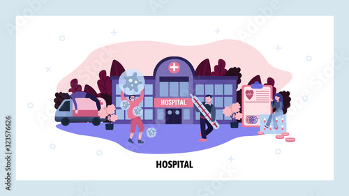 Virus epidemic concept. Hospital doctors fight infection. Ambulance car, sick patients. Medical care and health. Vector web site design template. Landing page website concept illustration