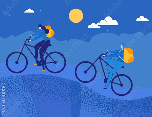 Man and Woman Cartoon Characters on Romantic Moon Night Bicycle Ride. Travelers with Tourist Equipment Cycling Outdoors. Healthy Lifestyle and Recreation. Leisure Activity. Flat Vector Illustration.