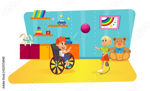 Disabled Teenager Children with Restriction Movement Playing with Ball Inside Flat Cartoon Vector Illustration. Boy on Wheelchair Spending Time with Girl Having Leg Prosthesis. Room Interior.