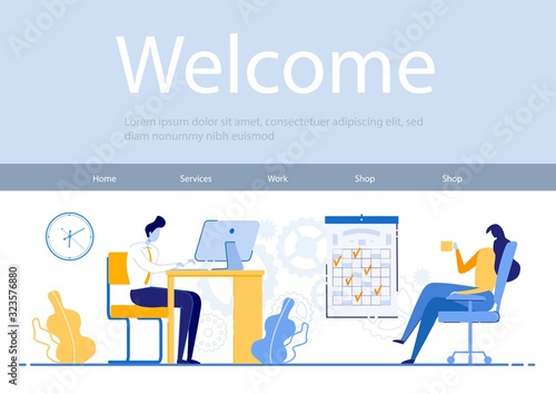 Prompt Banner Inscription Welcome, Management. Man is Working Concentrated on Laptop, Girl is Relaxing Drinking Coffee. Professional Employees Record what you do During Course Work Day.