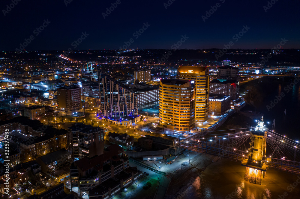 Night aerial photo Kovington Kentucky on the Ohio River