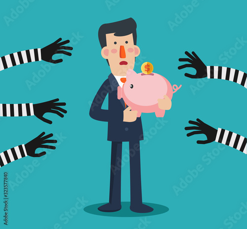 Thieves stealing money from piggy bank. Piggy bank protection design illustration.  Economic depression, corrupt practices, business strategy vector concept