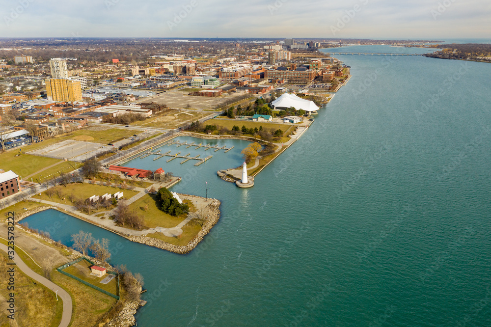 Aerial photo Milliken State Park Lighthouse Detroit Michigan USA