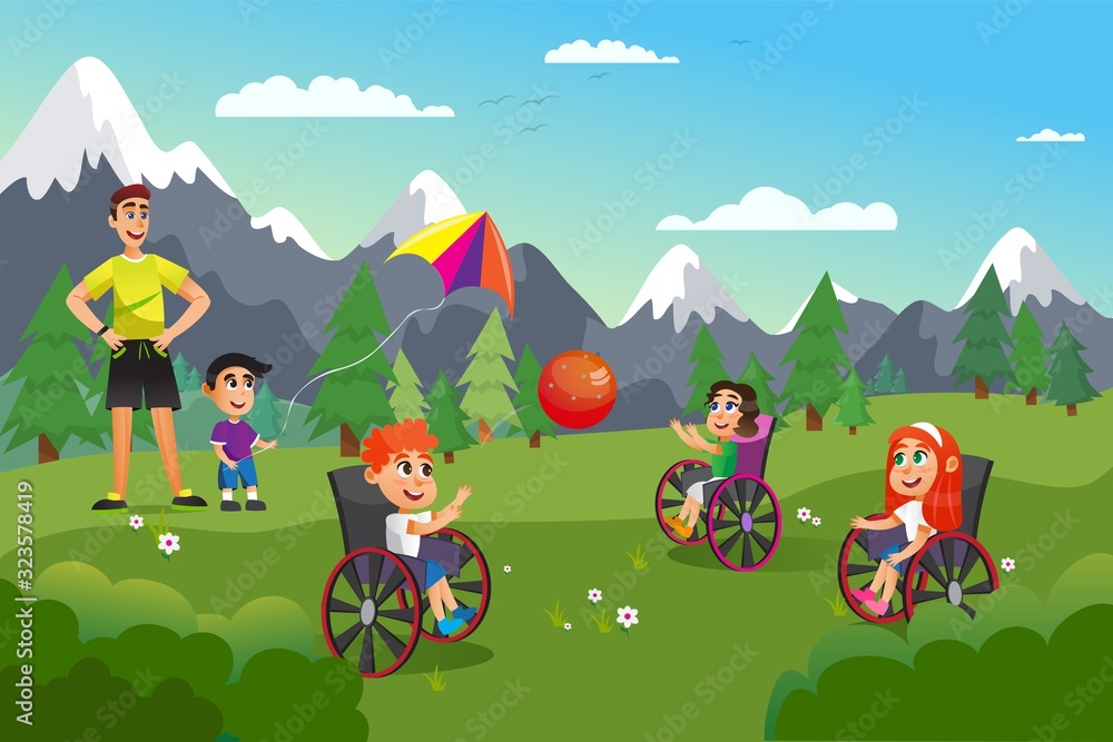 Disabled Children in Wheelchairs Playing with Ball, Coach Standing and