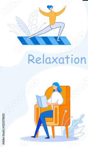Relaxation at Home. Young Woman Sitting in Comfortable Armchair Reading Interesting Book. Girl in Sportswear Doing Yoga, Aerobics, Stretching, Pilates Exercise Cartoon Flat Vector Illustration, Banner