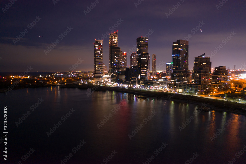 Night aerial photo Humber Bay Toronto Canada winter purple skies