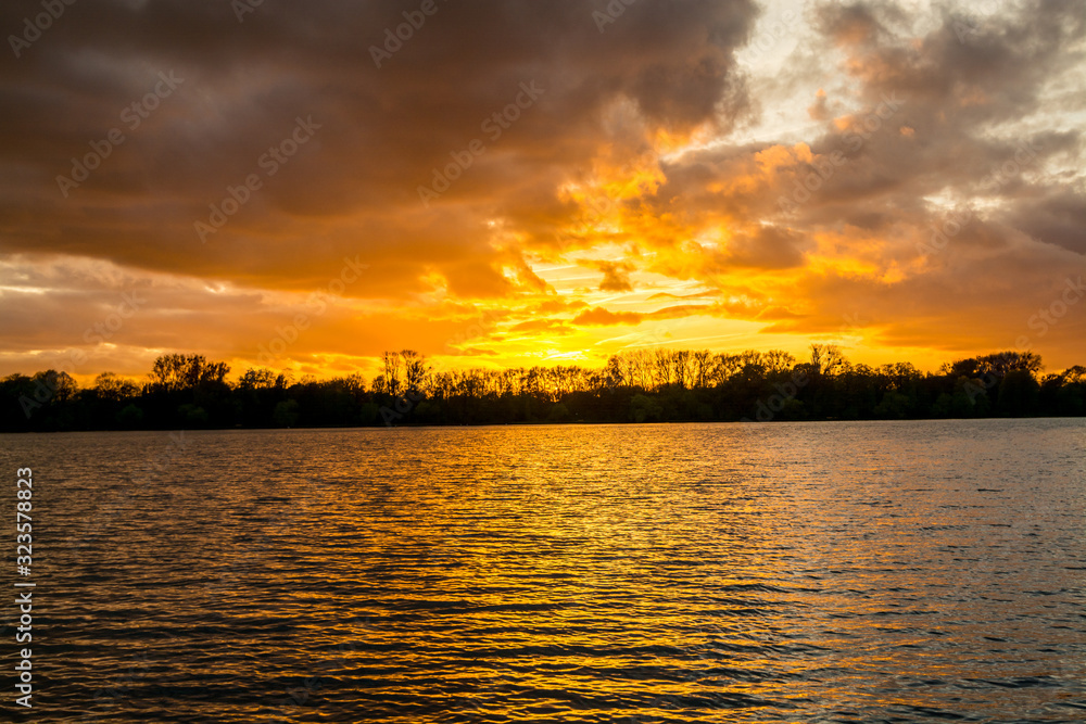Beautiful landscape with maschsee lake and golden sunset in April an artificial lake situated south of the city centre of Hanover in Germany