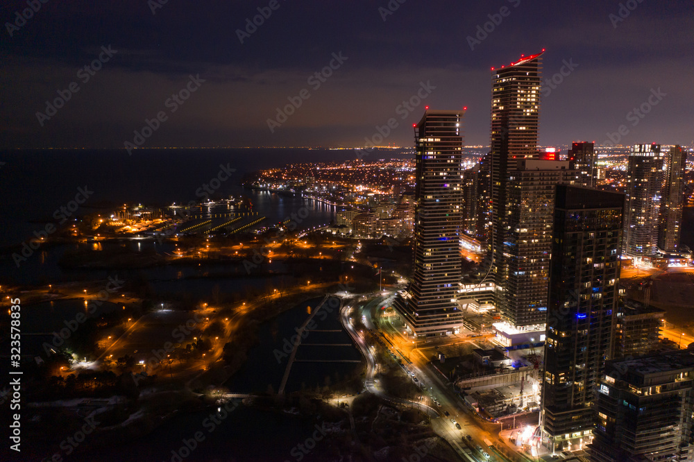 High aerial night photo Downtown Toronto Canada Humber Bay residential district