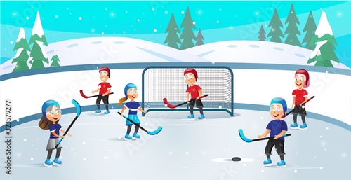 Boy and Girl Teenagers Playing Hockey on Outdoor Ice Rink Flat Cartoon  Vector Illustration. Winter Sport. Children in Uniform with Stick and Puck.  Happy Kids Having Training under Falling Snow. Stock Vector |