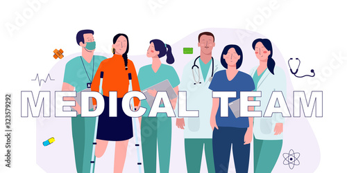doctor and medical team together with the patient standing together vector graphic illustration