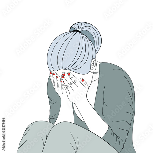 Young woman sitting and covering her face with hands in despair - line art illustration