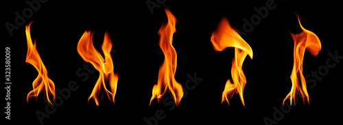 Collection set of fire and burning flame of candle light isolated on dark background for graphic design