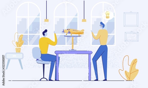 Scale Modeling Art Flat Vector Illustration. Two Guys Building Airplane Model. Modelmaking Hobby Workshop, Craftsmanship Course. Men Creating Handmade Aircraft Toy at Art Studio Cartoon Characters