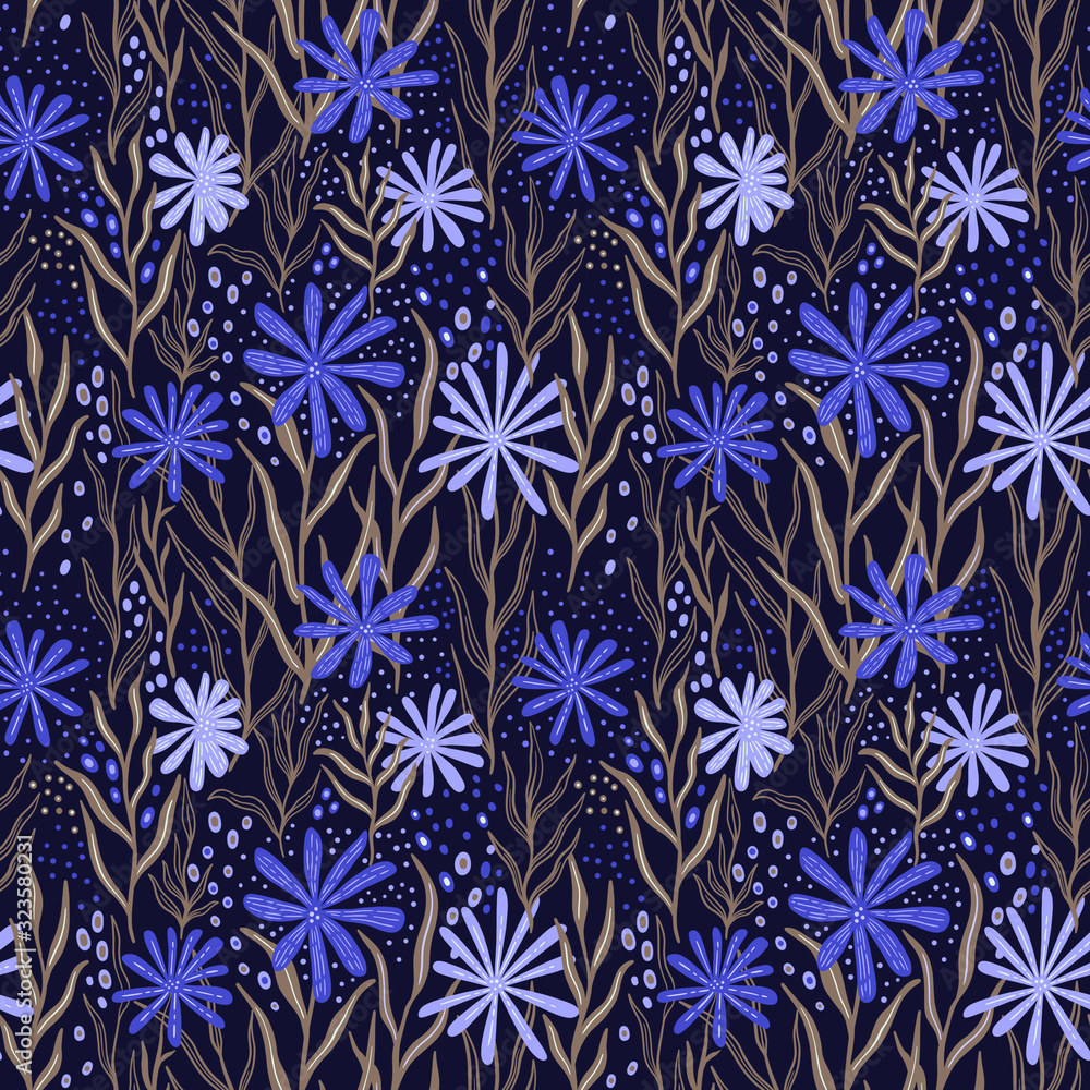 Seamless pattern floral drawing. Background with Hand Painted naive style.