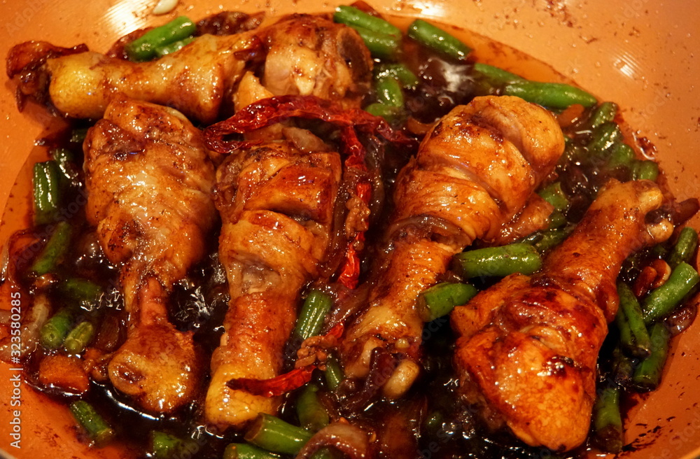 Fried chicken with string beans in soy sauce
