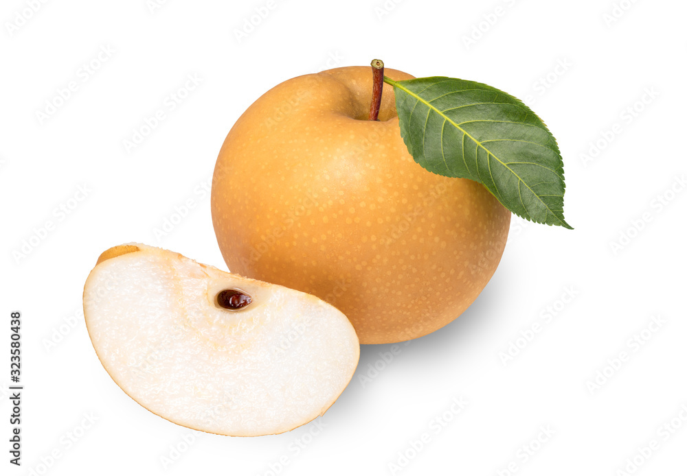 Snow pear or Fengsui pear on white background.Korean pear isolated for packaging design. (With clipping path) Snow pear or Fengsui pear on white background.Korean pear isolated for packaging design. (With clipping path)